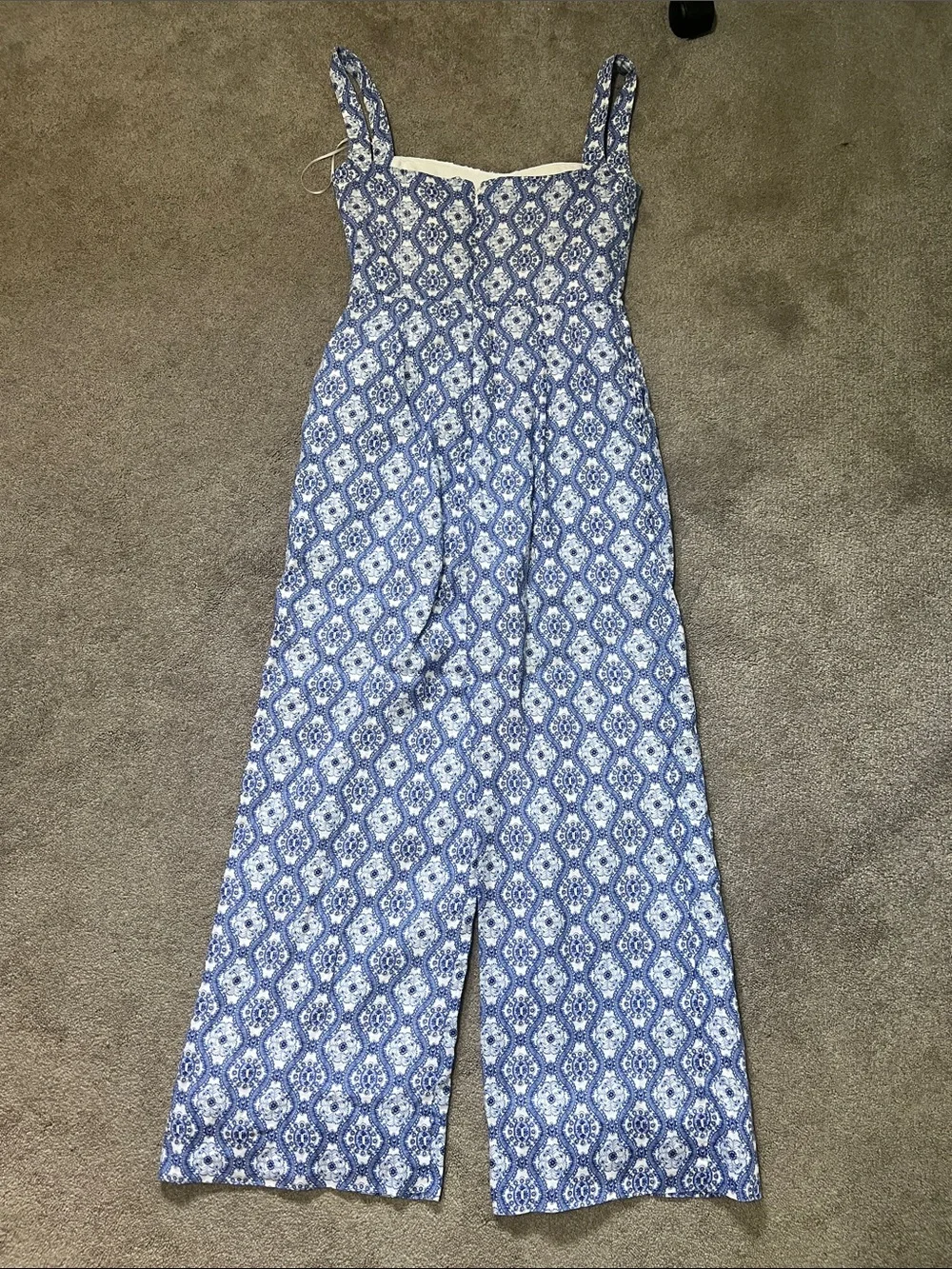 Saloni Rachel Jumpsuit Blue White Floral Lace Print Linen Size 6 Wide Leg‎ Chic
